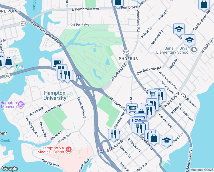map of restaurants, bars, coffee shops, grocery stores, and more near 11 Woodland Rd in Hampton