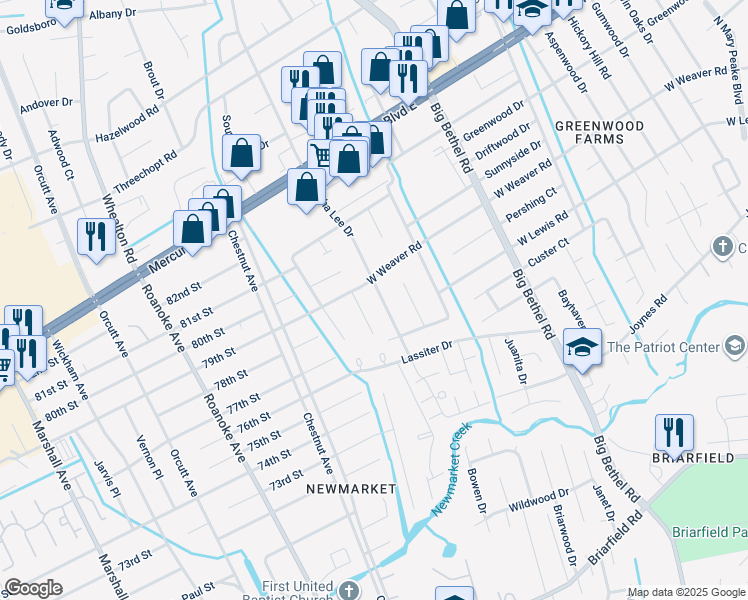 map of restaurants, bars, coffee shops, grocery stores, and more near 223 Martha Lee Dr in Hampton