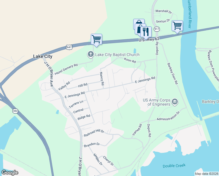 map of restaurants, bars, coffee shops, grocery stores, and more near East Jennings Road in Grand Rivers