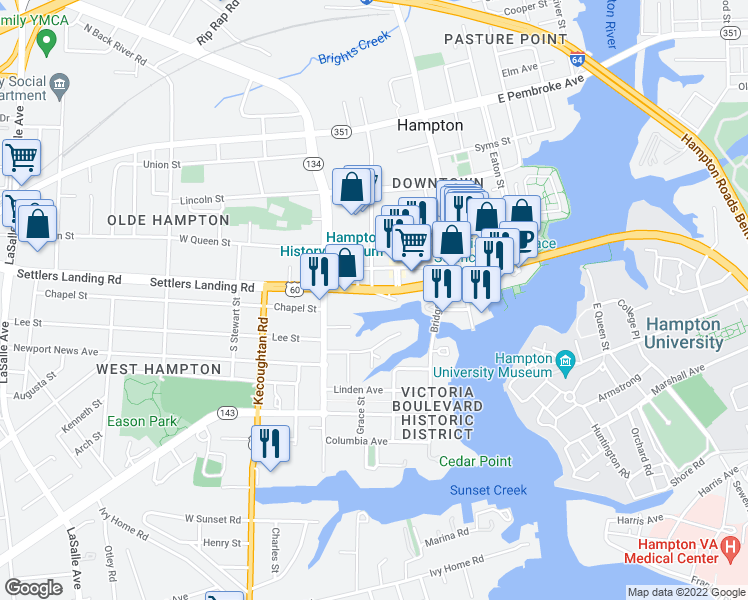 map of restaurants, bars, coffee shops, grocery stores, and more near 530 Settlers Landing Road in Hampton