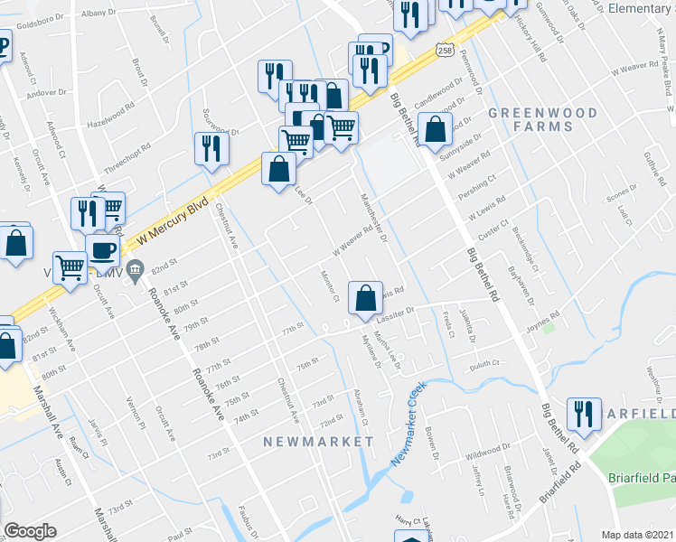 map of restaurants, bars, coffee shops, grocery stores, and more near 223 Martha Lee Dr in Hampton