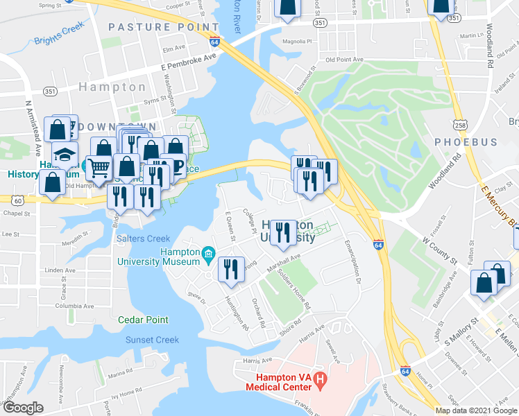 map of restaurants, bars, coffee shops, grocery stores, and more near 71 College Place in Hampton