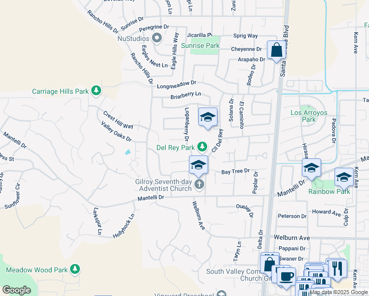 map of restaurants, bars, coffee shops, grocery stores, and more near 9071 Loganberry Drive in Gilroy