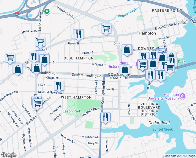 map of restaurants, bars, coffee shops, grocery stores, and more near 324 Chapel Street in Hampton