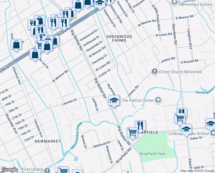map of restaurants, bars, coffee shops, grocery stores, and more near 123 Bayhaven Drive in Hampton