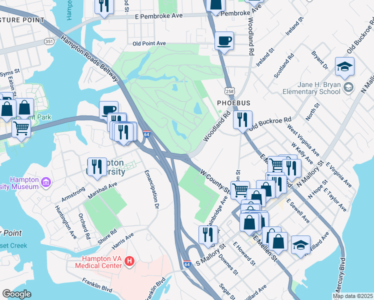 map of restaurants, bars, coffee shops, grocery stores, and more near 11 Woodland Rd in Hampton