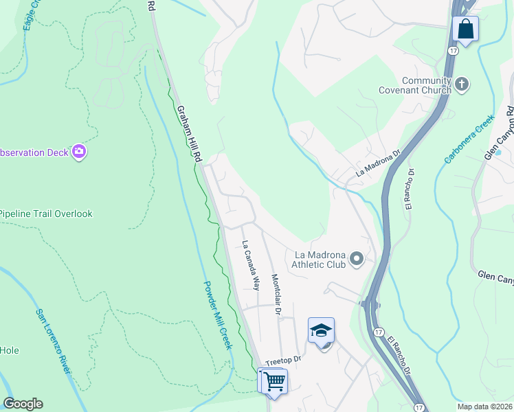 map of restaurants, bars, coffee shops, grocery stores, and more near 118 Ponderosa Drive in Scotts Valley