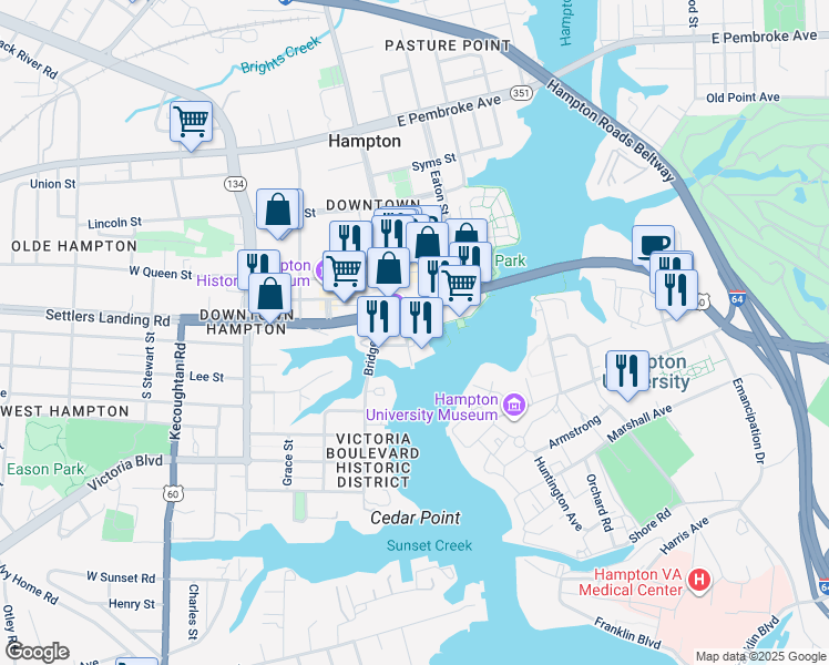 map of restaurants, bars, coffee shops, grocery stores, and more near 602 Settlers Landing Road in Hampton