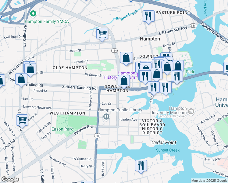 map of restaurants, bars, coffee shops, grocery stores, and more near 37 South Armistead Avenue in Hampton