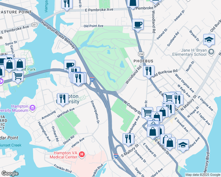 map of restaurants, bars, coffee shops, grocery stores, and more near 130 West County Street in Hampton