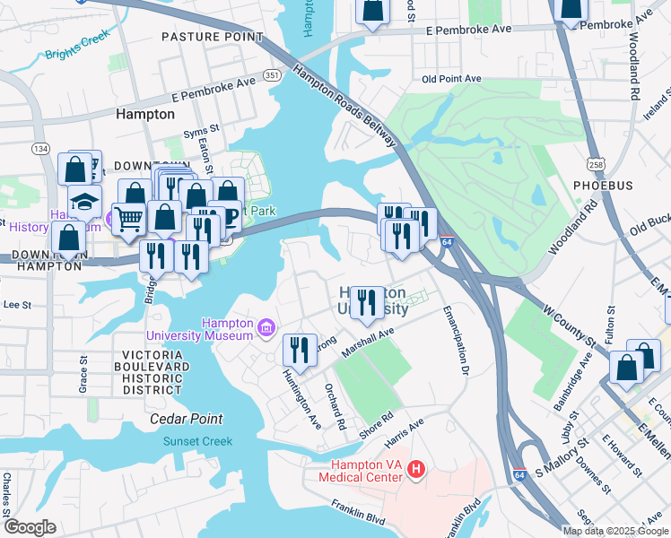 map of restaurants, bars, coffee shops, grocery stores, and more near 71 College Place in Hampton