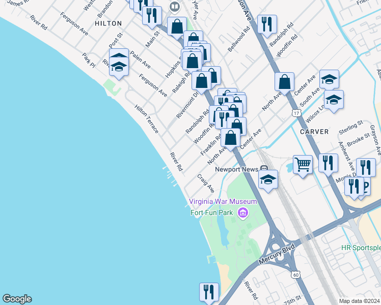 map of restaurants, bars, coffee shops, grocery stores, and more near 32 Woodfin Road in Newport News