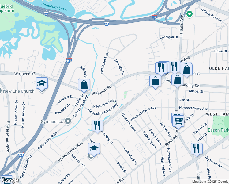 map of restaurants, bars, coffee shops, grocery stores, and more near 56 Hampshire Glen Parkway in Hampton