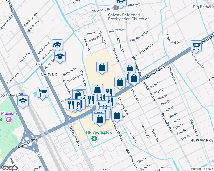 map of restaurants, bars, coffee shops, grocery stores, and more near 100 Newmarket Fair Mall in Newport News