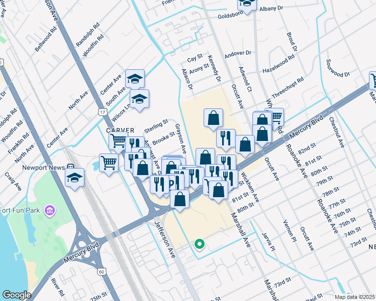 map of restaurants, bars, coffee shops, grocery stores, and more near 6102 Grayson Avenue in Newport News