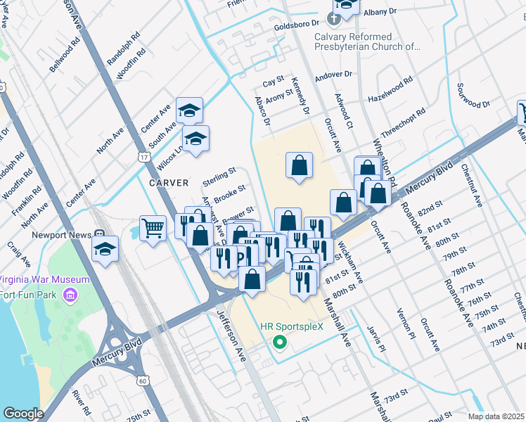 map of restaurants, bars, coffee shops, grocery stores, and more near 6102 Grayson Avenue in Newport News