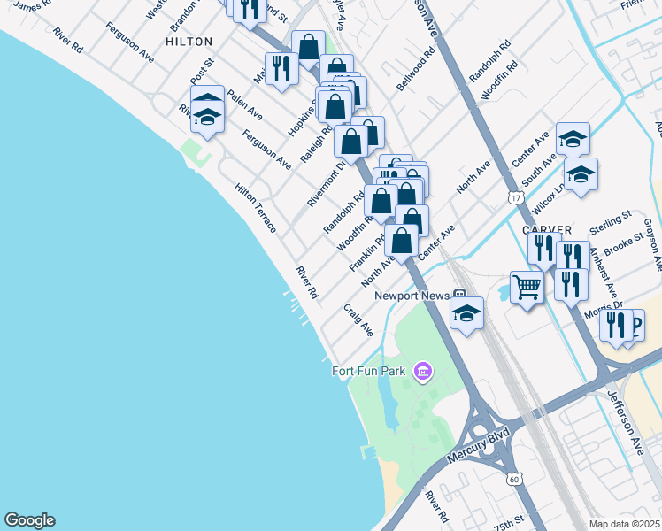 map of restaurants, bars, coffee shops, grocery stores, and more near 32 Woodfin Road in Newport News