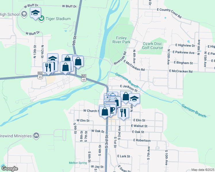map of restaurants, bars, coffee shops, grocery stores, and more near 321 West Jackson Street in Ozark