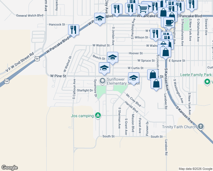 map of restaurants, bars, coffee shops, grocery stores, and more near 990 South Clay Avenue in Liberal