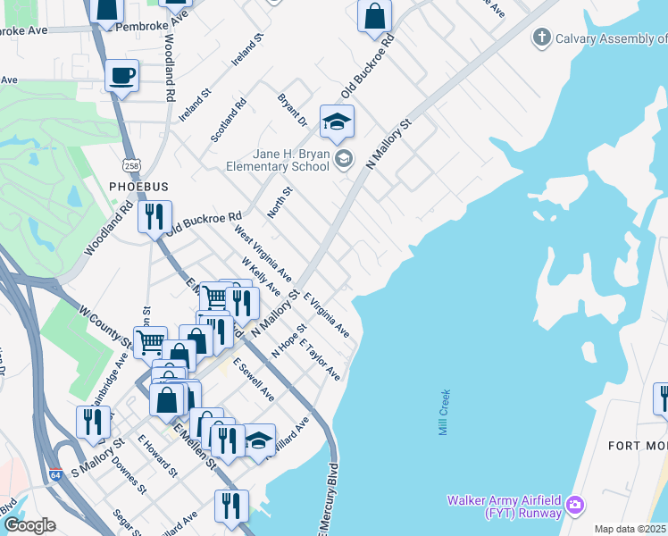 map of restaurants, bars, coffee shops, grocery stores, and more near 10 East Hygeia Avenue in Hampton