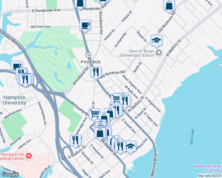 map of restaurants, bars, coffee shops, grocery stores, and more near 312 Webster Street in Hampton