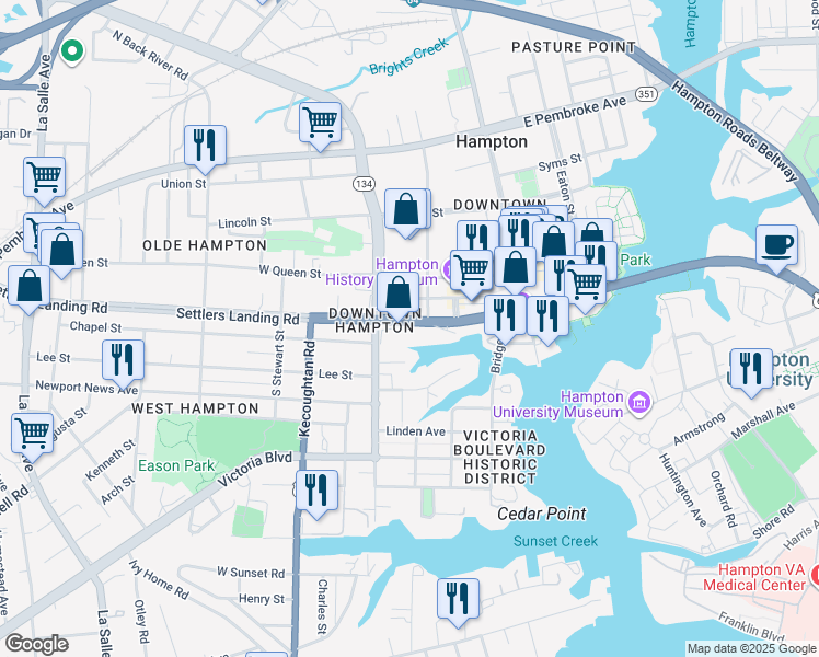 map of restaurants, bars, coffee shops, grocery stores, and more near 320 Old Hampton Lane in Hampton