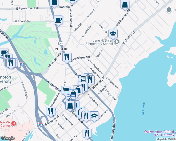 map of restaurants, bars, coffee shops, grocery stores, and more near 114 West Kelly Avenue in Hampton