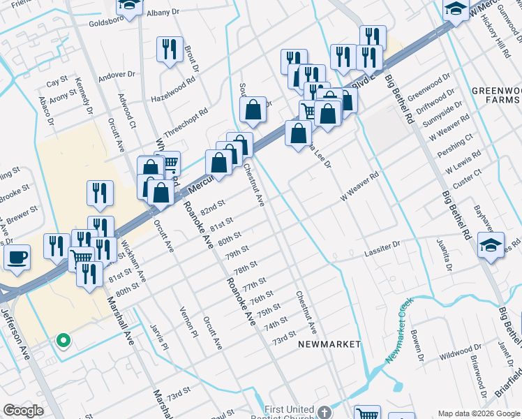 map of restaurants, bars, coffee shops, grocery stores, and more near 4719 81st Street in Hampton