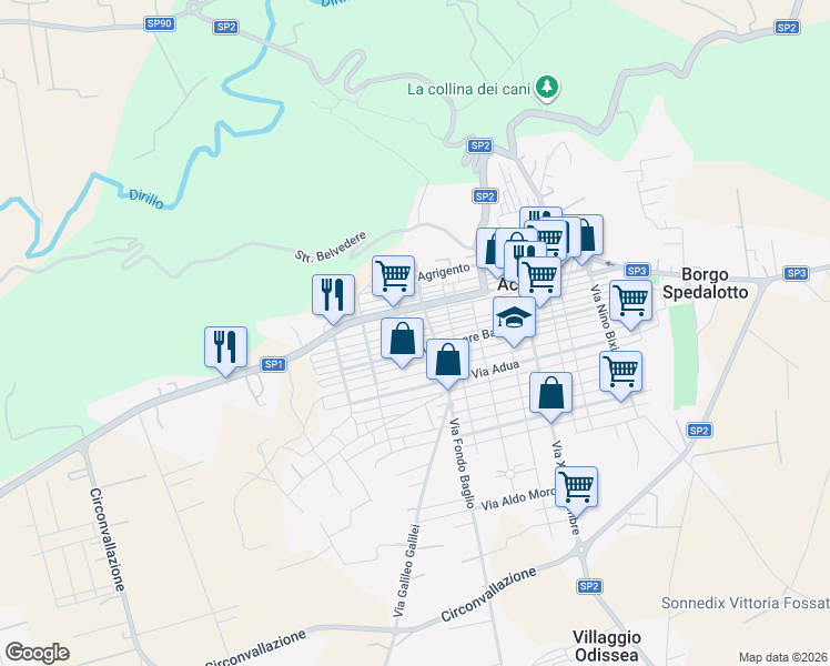 map of restaurants, bars, coffee shops, grocery stores, and more near 71 Via Trapani in Acate