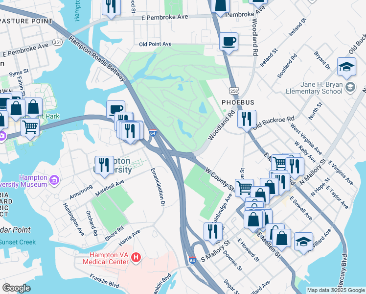 map of restaurants, bars, coffee shops, grocery stores, and more near 130 West County Street in Hampton