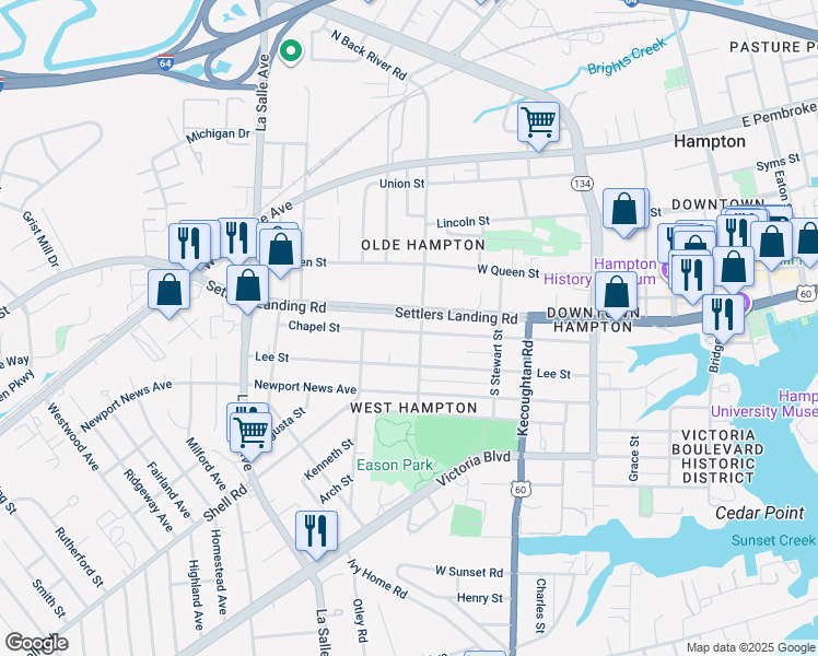map of restaurants, bars, coffee shops, grocery stores, and more near 522 Chapel Street in Hampton