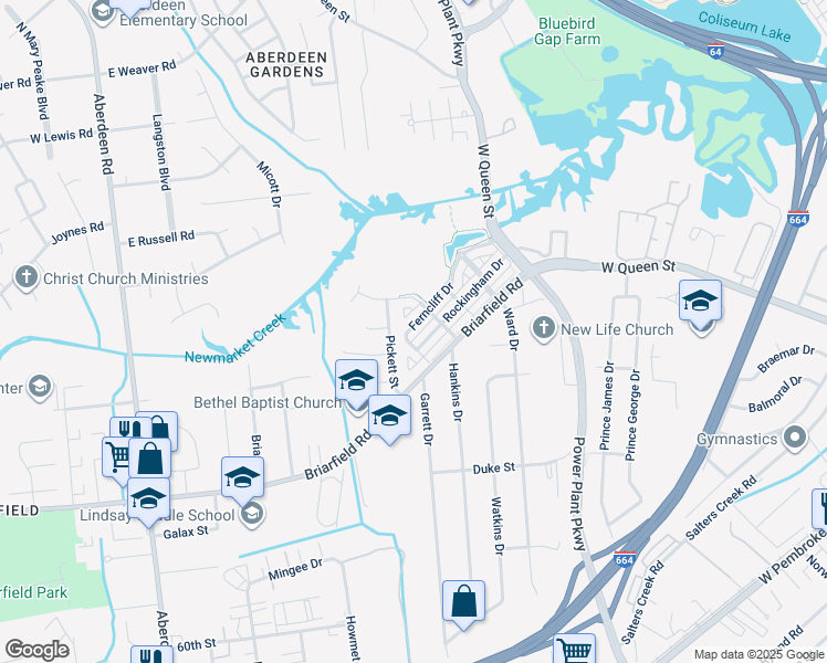 map of restaurants, bars, coffee shops, grocery stores, and more near 49 Ferncliff Drive in Hampton