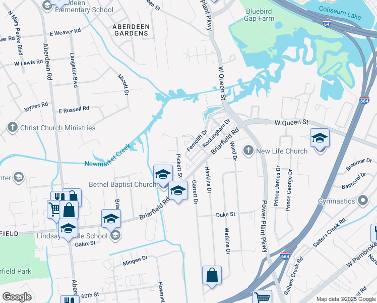 map of restaurants, bars, coffee shops, grocery stores, and more near 49 Ferncliff Drive in Hampton