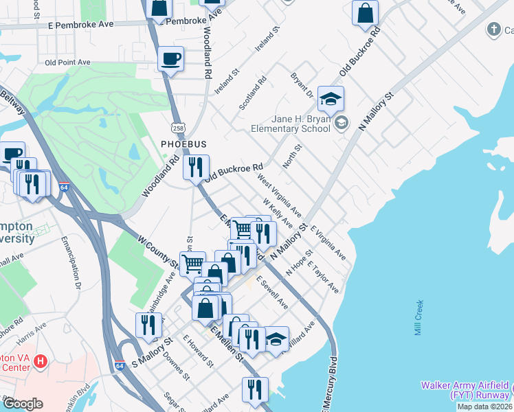 map of restaurants, bars, coffee shops, grocery stores, and more near 114 West Kelly Avenue in Hampton
