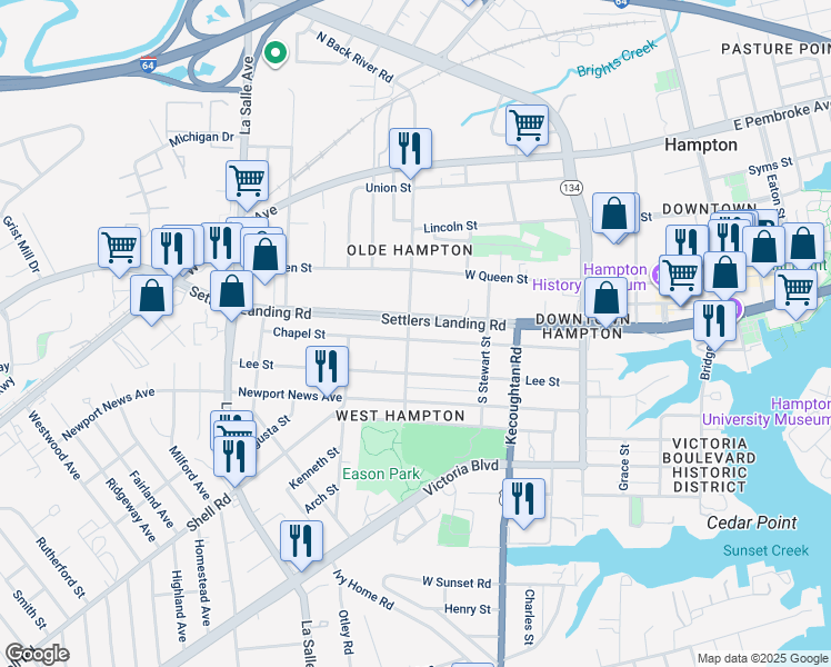 map of restaurants, bars, coffee shops, grocery stores, and more near 450 Chapel Street in Hampton
