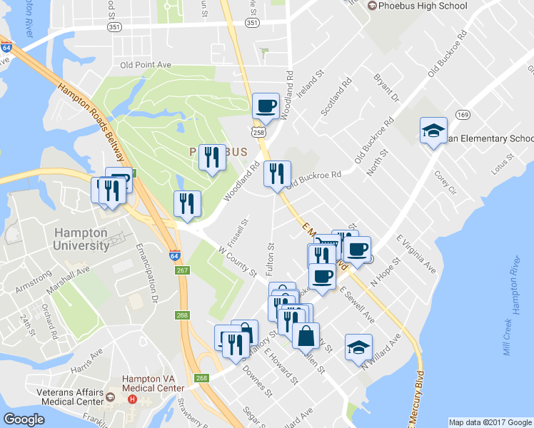 map of restaurants, bars, coffee shops, grocery stores, and more near 77 Fulton Street in Hampton