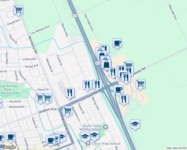 map of restaurants, bars, coffee shops, grocery stores, and more near 464 Fellom Court in Gilroy