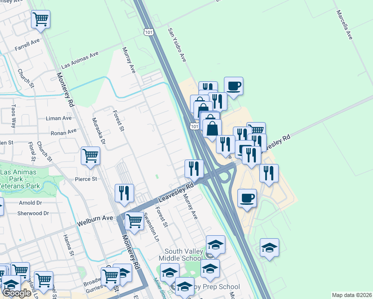 map of restaurants, bars, coffee shops, grocery stores, and more near 464 Fellom Court in Gilroy