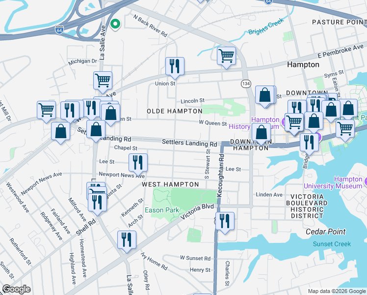 map of restaurants, bars, coffee shops, grocery stores, and more near 203 Settlers Landing Road in Hampton