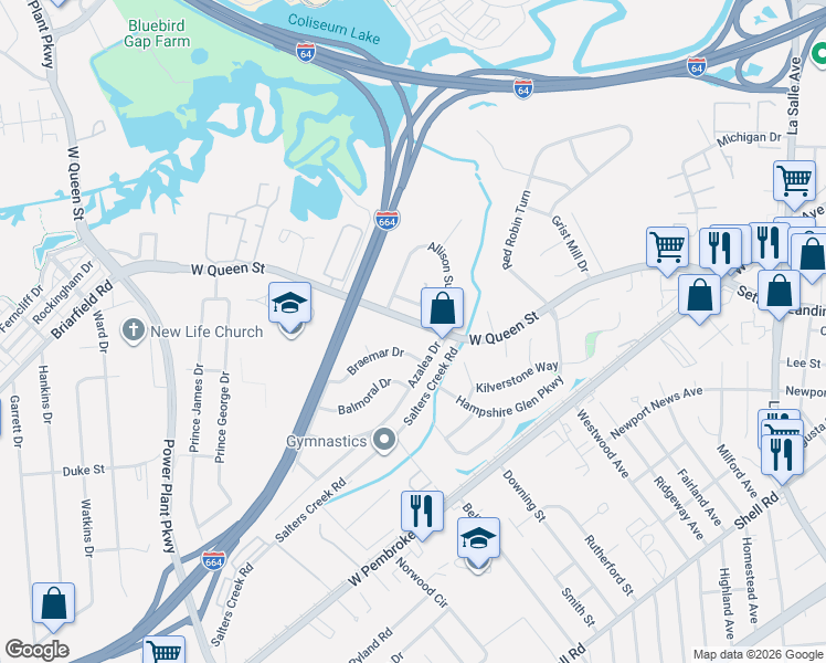 map of restaurants, bars, coffee shops, grocery stores, and more near 14 Harlequin Drive in Hampton
