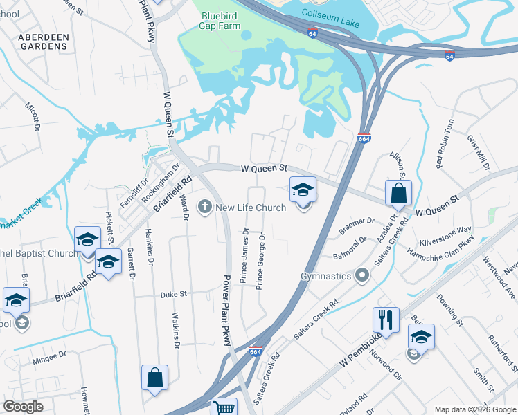 map of restaurants, bars, coffee shops, grocery stores, and more near 13 Prince George Drive in Hampton