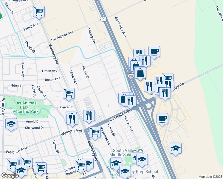 map of restaurants, bars, coffee shops, grocery stores, and more near 8585 Murray Avenue in Gilroy