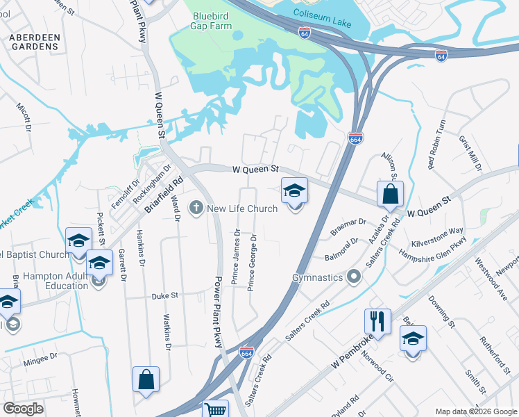 map of restaurants, bars, coffee shops, grocery stores, and more near 13 Prince George Drive in Hampton