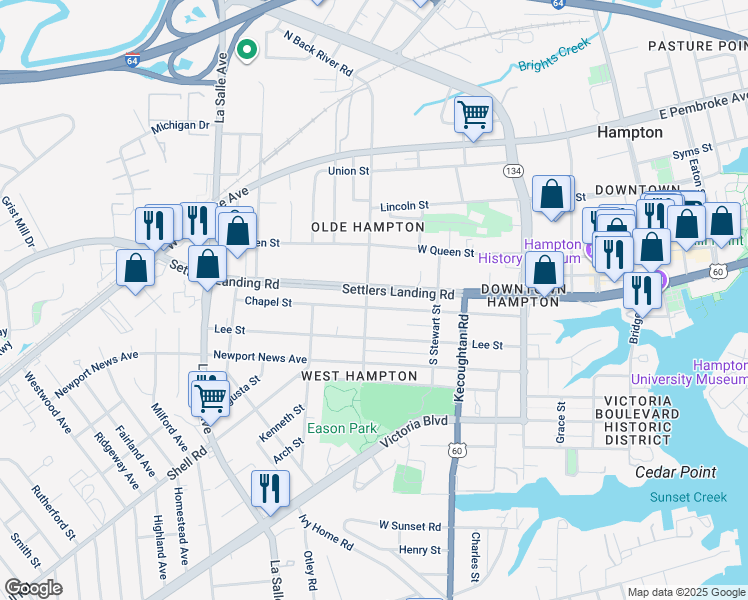 map of restaurants, bars, coffee shops, grocery stores, and more near 450 Chapel Street in Hampton