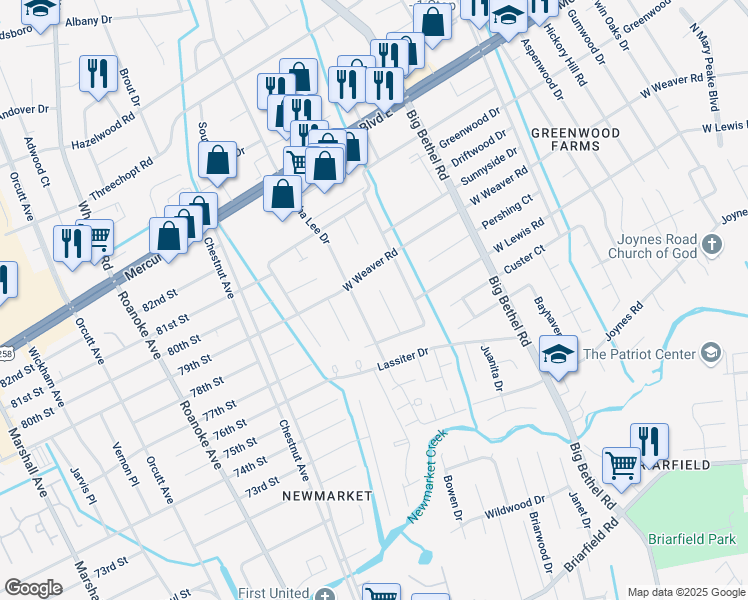 map of restaurants, bars, coffee shops, grocery stores, and more near 222 Cellardoor Court in Hampton