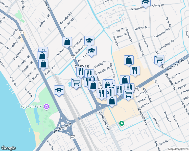map of restaurants, bars, coffee shops, grocery stores, and more near 6121 Amherst Avenue in Newport News