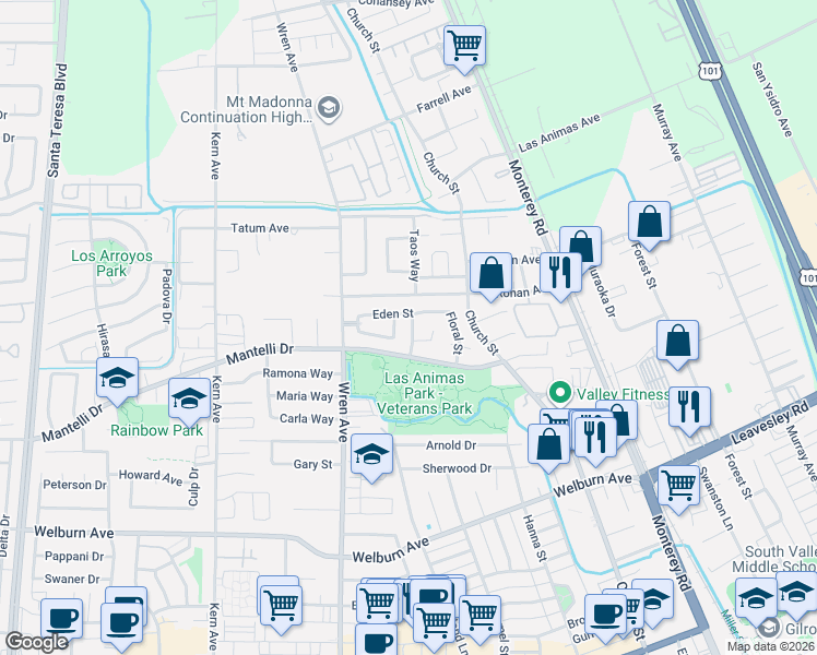 map of restaurants, bars, coffee shops, grocery stores, and more near 8781 Arbor Street in Gilroy