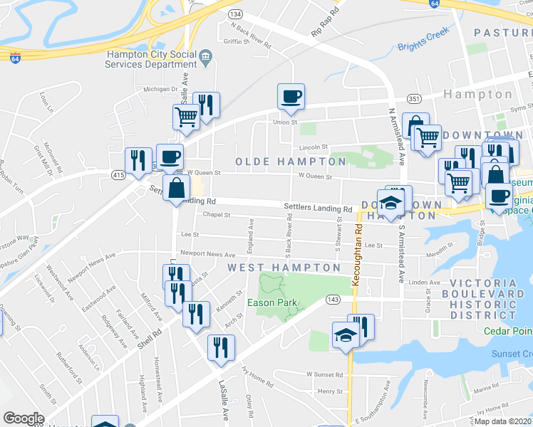 map of restaurants, bars, coffee shops, grocery stores, and more near 514 Chapel Street in Hampton