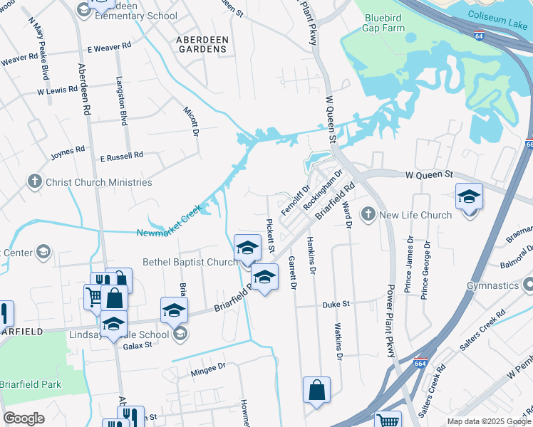 map of restaurants, bars, coffee shops, grocery stores, and more near 23 Pickett Street in Hampton