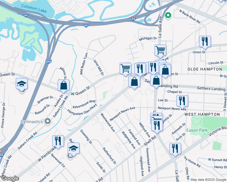 map of restaurants, bars, coffee shops, grocery stores, and more near 57 Kilverstone Way in Hampton